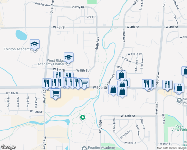 map of restaurants, bars, coffee shops, grocery stores, and more near 6600 8th Street in Greeley