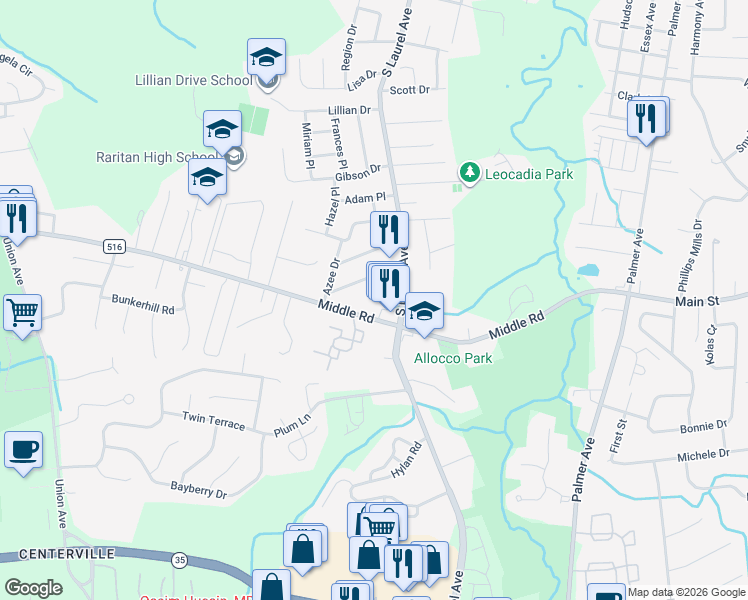 map of restaurants, bars, coffee shops, grocery stores, and more near 11 Marsand Drive in Hazlet