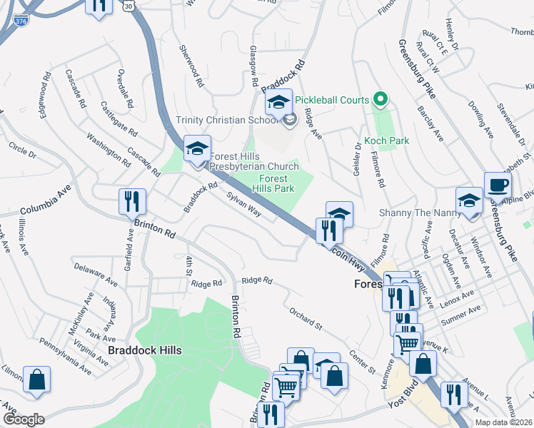 map of restaurants, bars, coffee shops, grocery stores, and more near 1934 Ardmore Boulevard in Pittsburgh