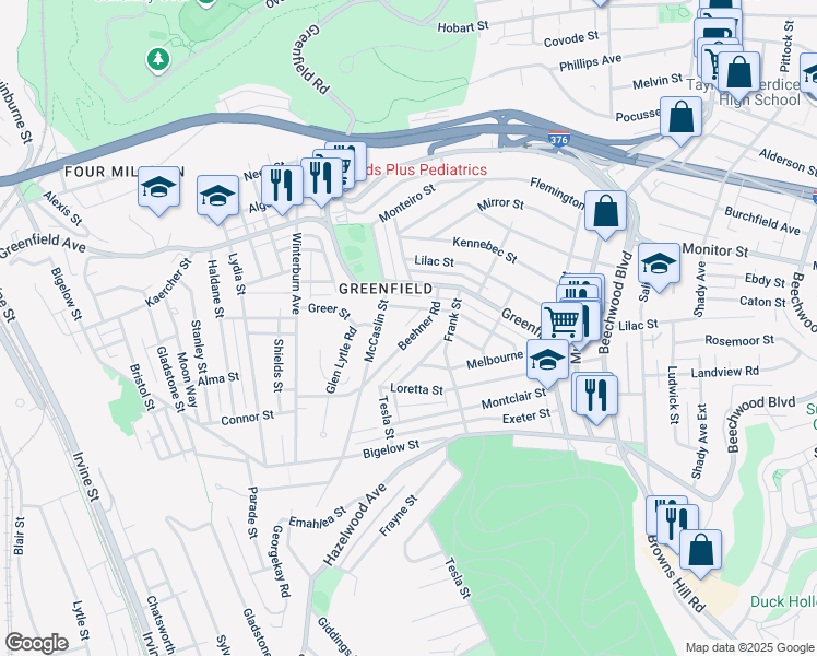 map of restaurants, bars, coffee shops, grocery stores, and more near 830 Deely Street in Pittsburgh