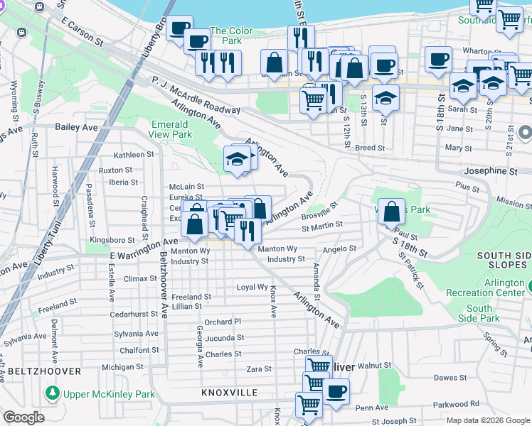 map of restaurants, bars, coffee shops, grocery stores, and more near 932 Eureka Street in Pittsburgh