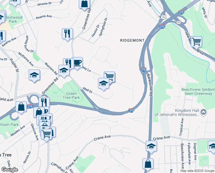 map of restaurants, bars, coffee shops, grocery stores, and more near 1158 McKinney Lane in Pittsburgh