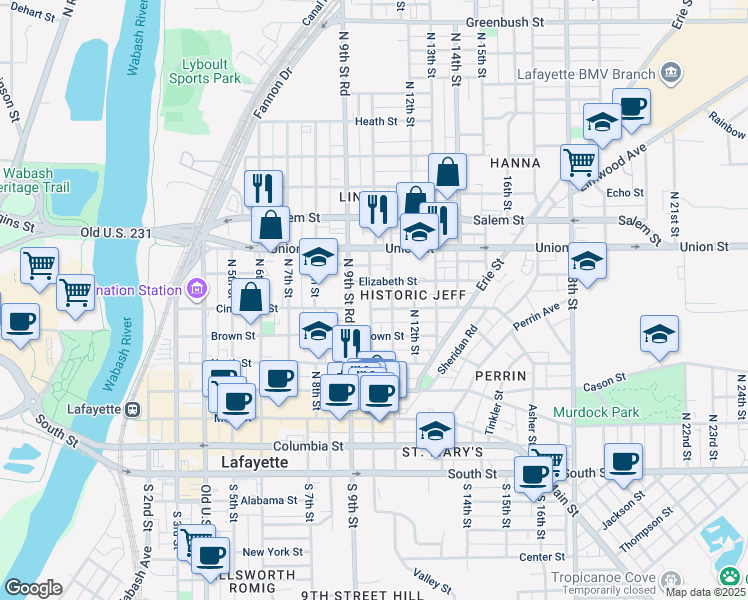 map of restaurants, bars, coffee shops, grocery stores, and more near 621 North 10th Street in Lafayette