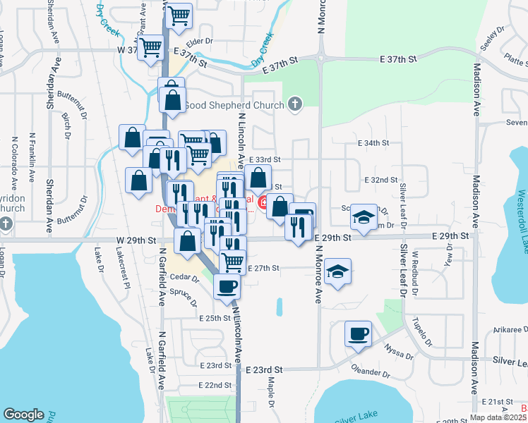 map of restaurants, bars, coffee shops, grocery stores, and more near 2975 Ginnala Drive in Loveland