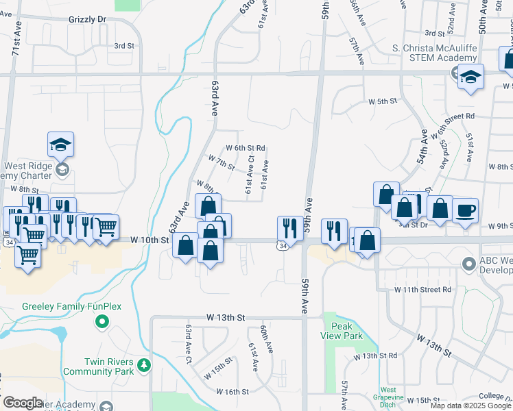 map of restaurants, bars, coffee shops, grocery stores, and more near 6106 West 8th Street in Greeley