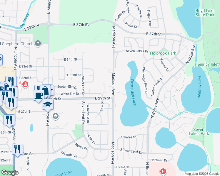 map of restaurants, bars, coffee shops, grocery stores, and more near 1299 Hem Fir Place in Loveland