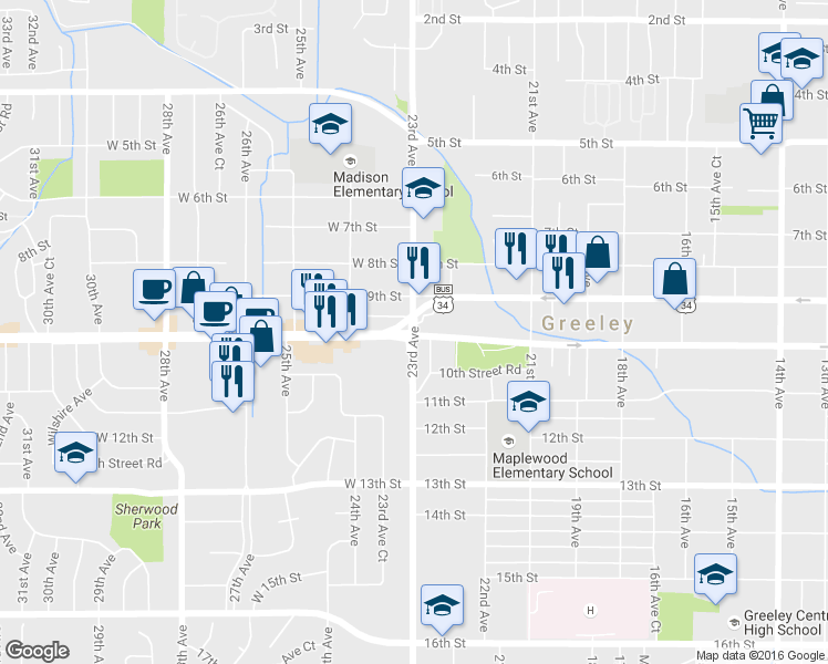 map of restaurants, bars, coffee shops, grocery stores, and more near 2301 West 10th Street in Greeley