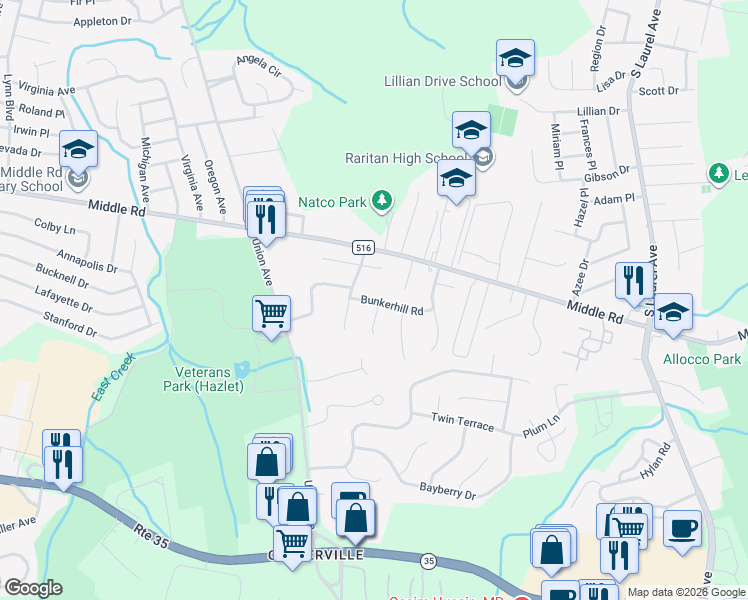 map of restaurants, bars, coffee shops, grocery stores, and more near 18 Bunkerhill Road in Hazlet