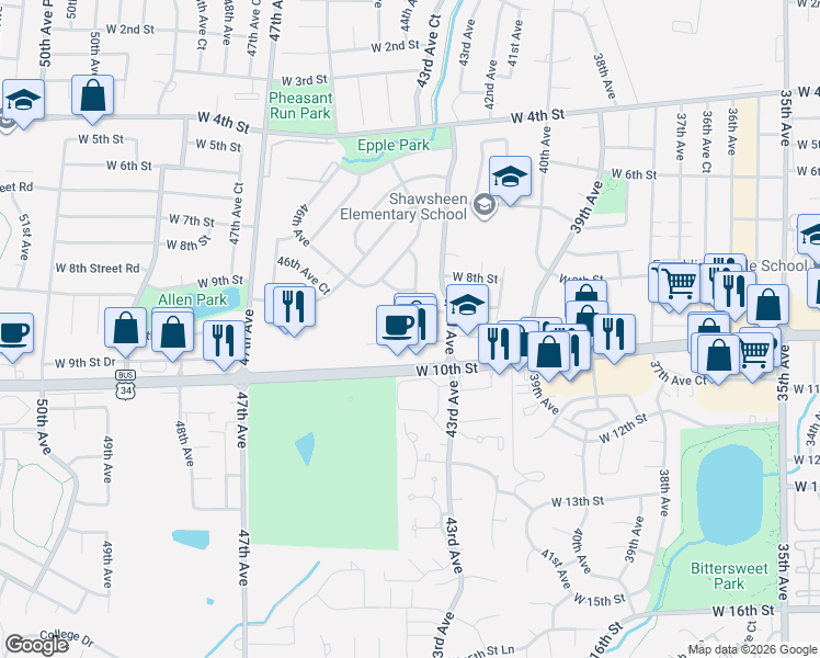 map of restaurants, bars, coffee shops, grocery stores, and more near 4323 West 9th Street Road in Greeley