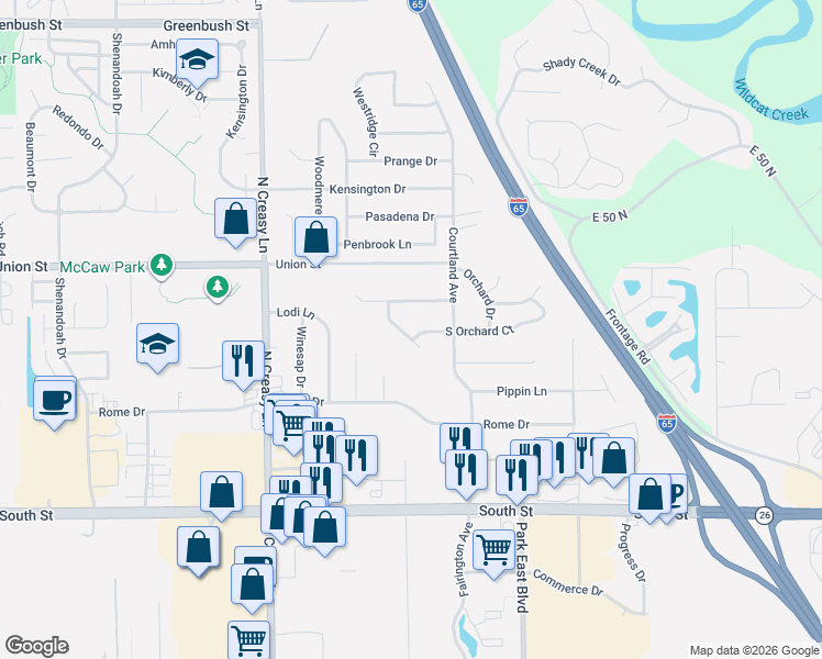 map of restaurants, bars, coffee shops, grocery stores, and more near 3883 Baldwin Avenue in Lafayette