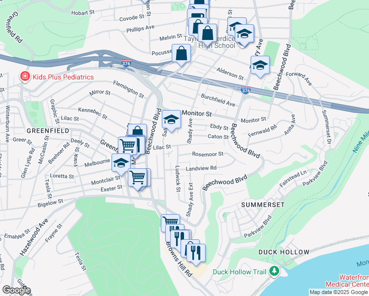 map of restaurants, bars, coffee shops, grocery stores, and more near 6436 Lilac Street in Pittsburgh