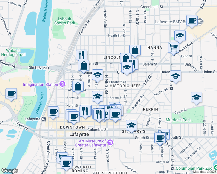 map of restaurants, bars, coffee shops, grocery stores, and more near 621 North 10th Street in Lafayette