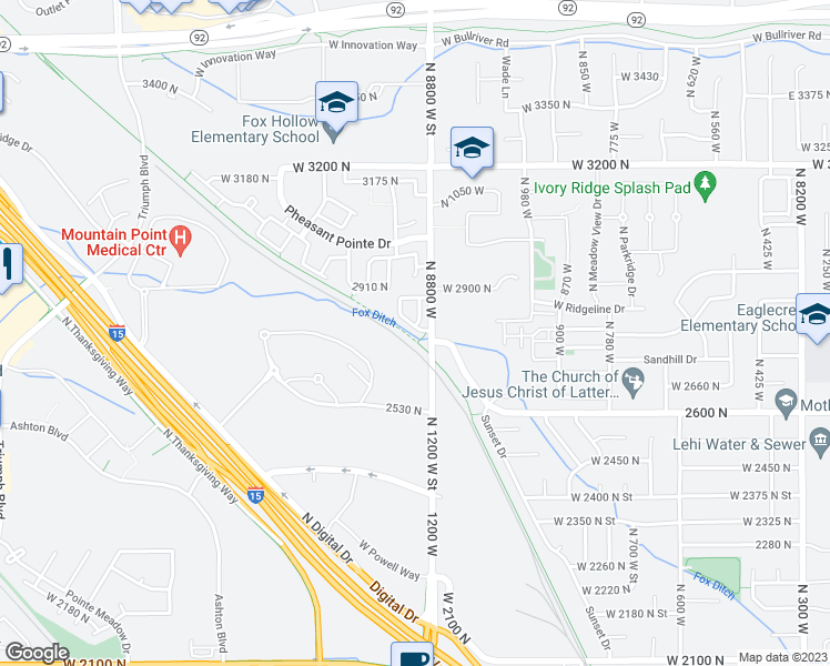 map of restaurants, bars, coffee shops, grocery stores, and more near 1233 North Bridalwood Loop in Lehi