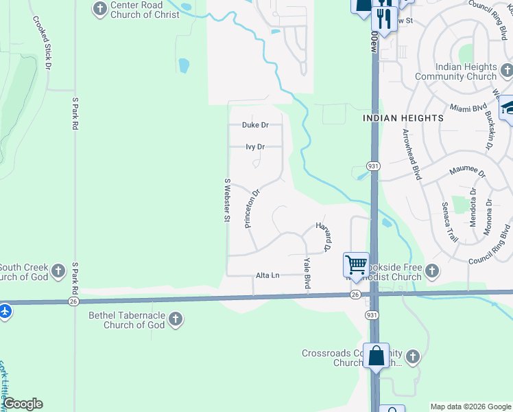 map of restaurants, bars, coffee shops, grocery stores, and more near 5716 Princeton Drive in Kokomo