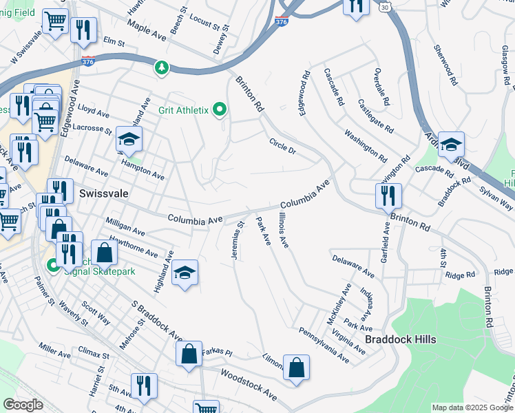 map of restaurants, bars, coffee shops, grocery stores, and more near 2743 Columbia Avenue in Pittsburgh