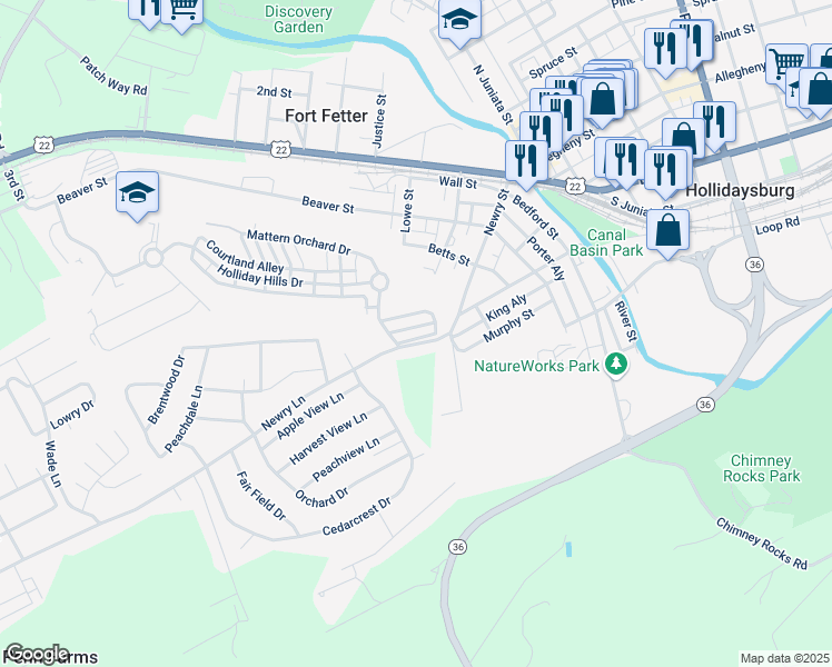 map of restaurants, bars, coffee shops, grocery stores, and more near Northstar Alley in Hollidaysburg