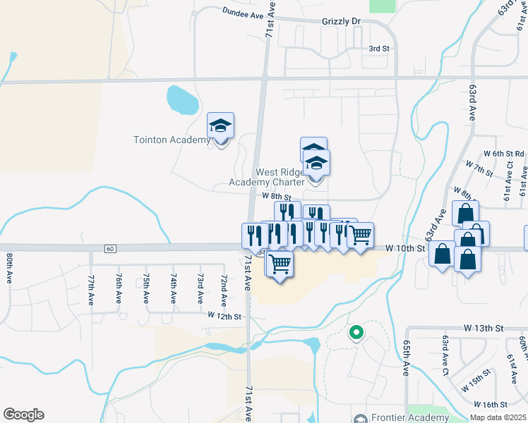 map of restaurants, bars, coffee shops, grocery stores, and more near 7010 West 8th Street in Greeley