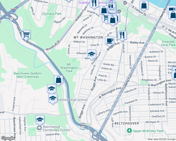 map of restaurants, bars, coffee shops, grocery stores, and more near Southern Avenue in Pittsburgh