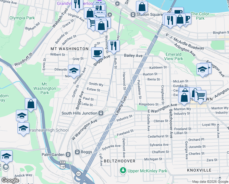 map of restaurants, bars, coffee shops, grocery stores, and more near 81 Larkfield Way in Pittsburgh