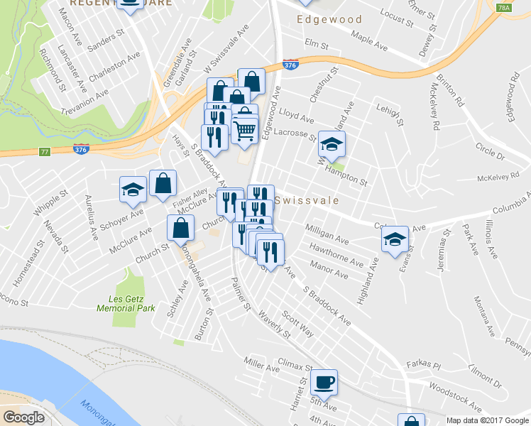 map of restaurants, bars, coffee shops, grocery stores, and more near 7702 Stanton Avenue in Pittsburgh