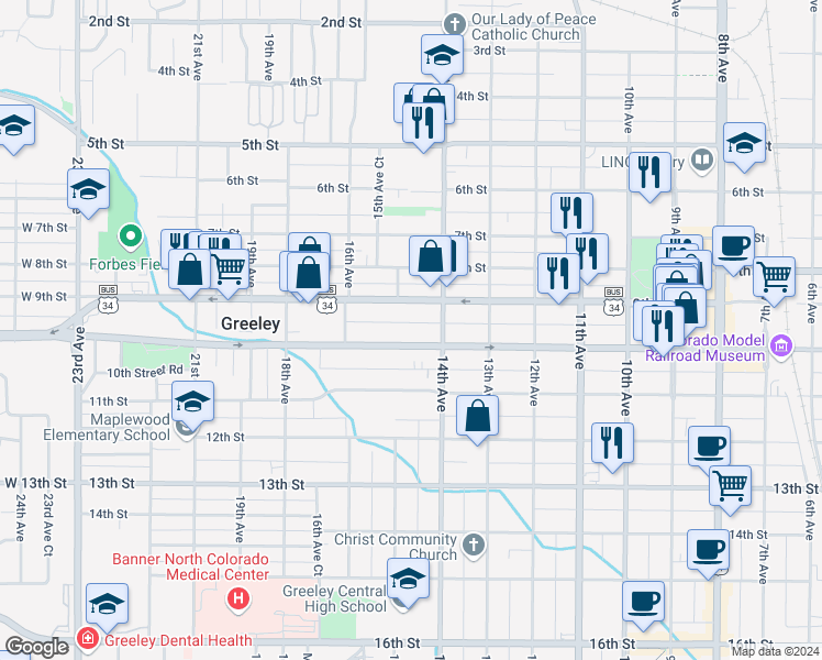 map of restaurants, bars, coffee shops, grocery stores, and more near 1418 9th Street in Greeley