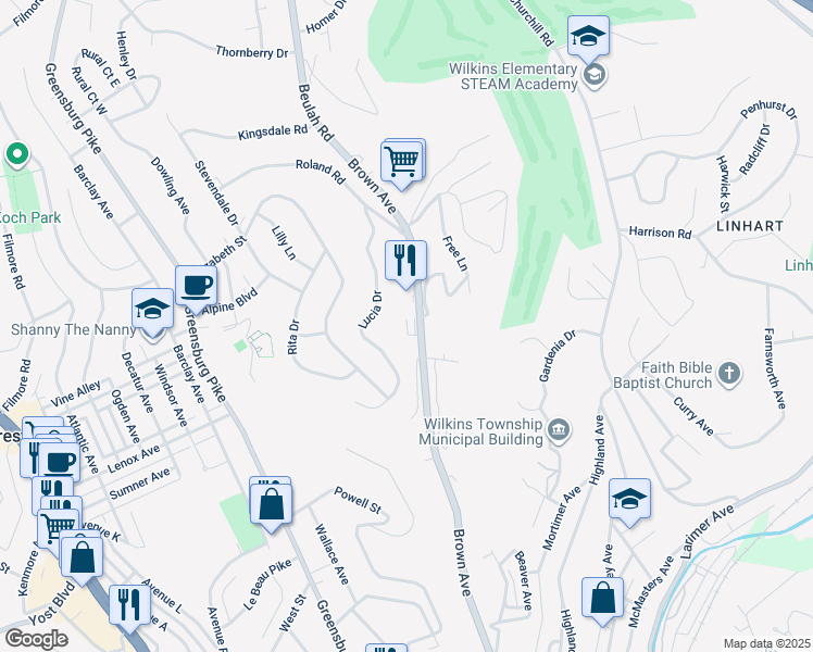 map of restaurants, bars, coffee shops, grocery stores, and more near 615 Brown Avenue in Turtle Creek