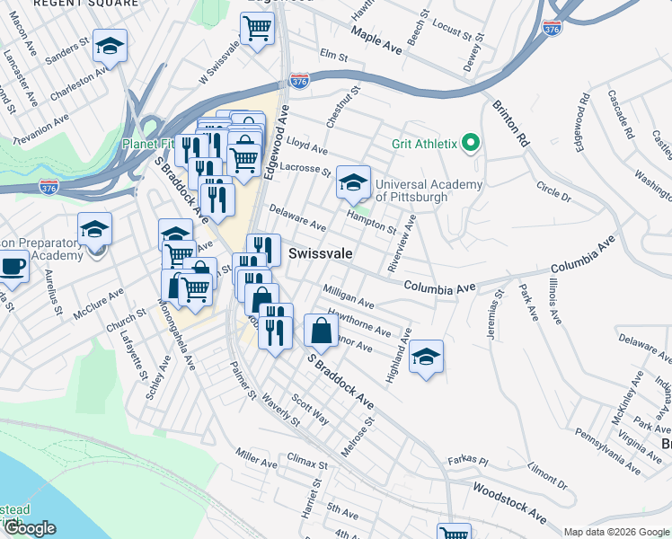 map of restaurants, bars, coffee shops, grocery stores, and more near in Swissvale