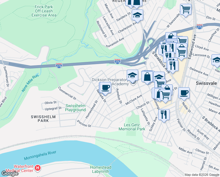 map of restaurants, bars, coffee shops, grocery stores, and more near in Swissvale