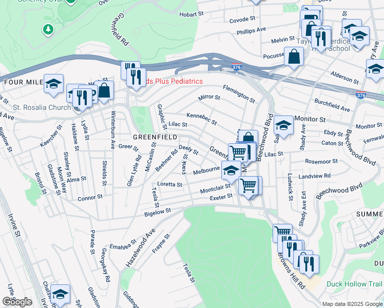 map of restaurants, bars, coffee shops, grocery stores, and more near 901 Deely Street in Pittsburgh