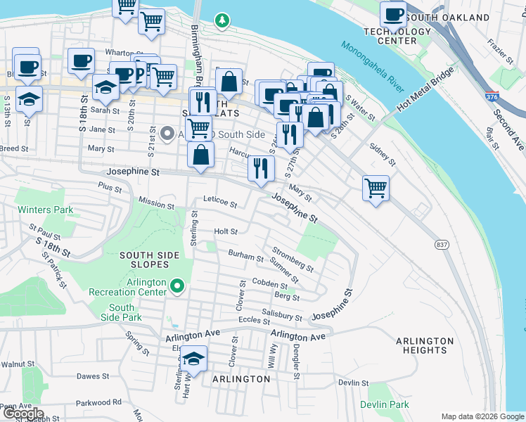 map of restaurants, bars, coffee shops, grocery stores, and more near 2611 McCord Street in Pittsburgh