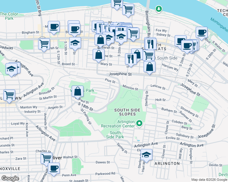 map of restaurants, bars, coffee shops, grocery stores, and more near 2014 Gregory Street in Pittsburgh