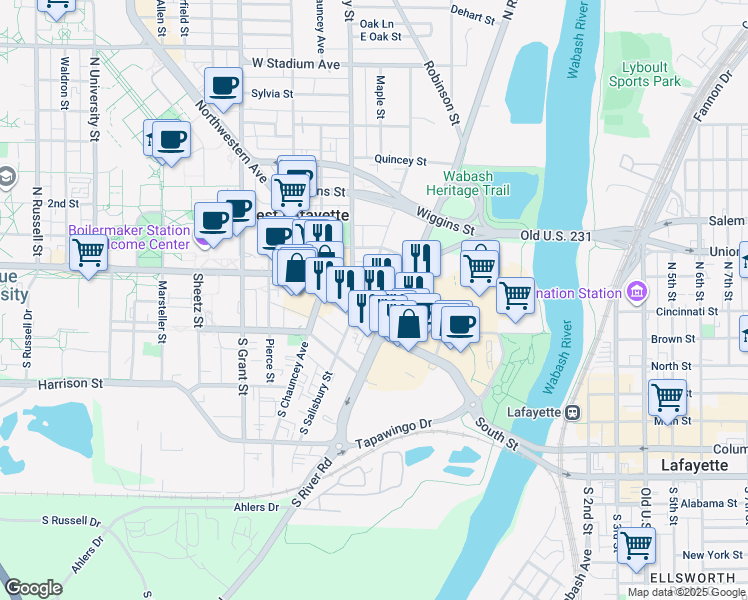 map of restaurants, bars, coffee shops, grocery stores, and more near 150 Littleton Street in West Lafayette
