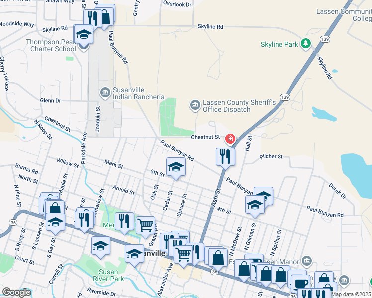 map of restaurants, bars, coffee shops, grocery stores, and more near 1345 Paul Bunyan Road in Susanville