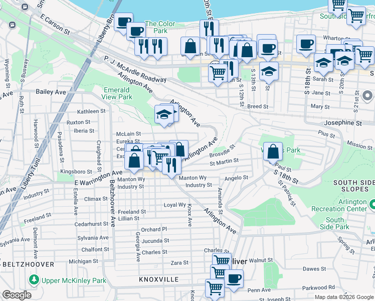 map of restaurants, bars, coffee shops, grocery stores, and more near 932 Eureka Street in Pittsburgh
