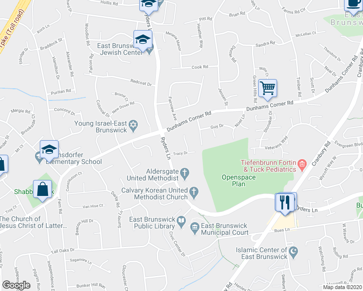map of restaurants, bars, coffee shops, grocery stores, and more near 3 Amanda Court in East Brunswick