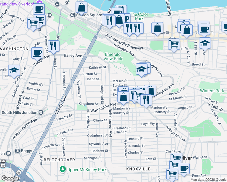 map of restaurants, bars, coffee shops, grocery stores, and more near 610 Ceres Way in Pittsburgh