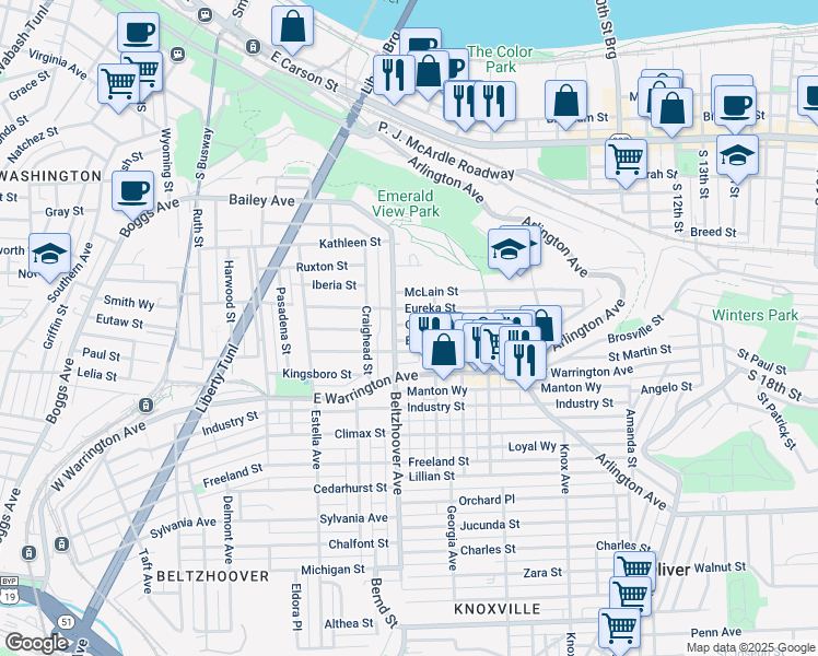 map of restaurants, bars, coffee shops, grocery stores, and more near 622 Eureka Street in Pittsburgh