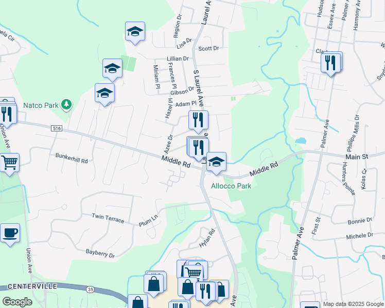map of restaurants, bars, coffee shops, grocery stores, and more near 461 Middle Road in Holmdel
