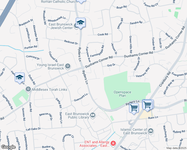 map of restaurants, bars, coffee shops, grocery stores, and more near 3 Amanda Court in East Brunswick