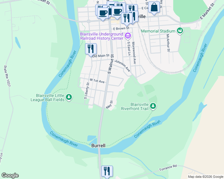 map of restaurants, bars, coffee shops, grocery stores, and more near 555 Walnut Street in Blairsville