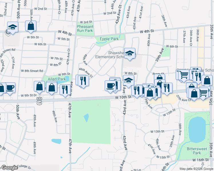 map of restaurants, bars, coffee shops, grocery stores, and more near 915 44th Avenue Court in Greeley