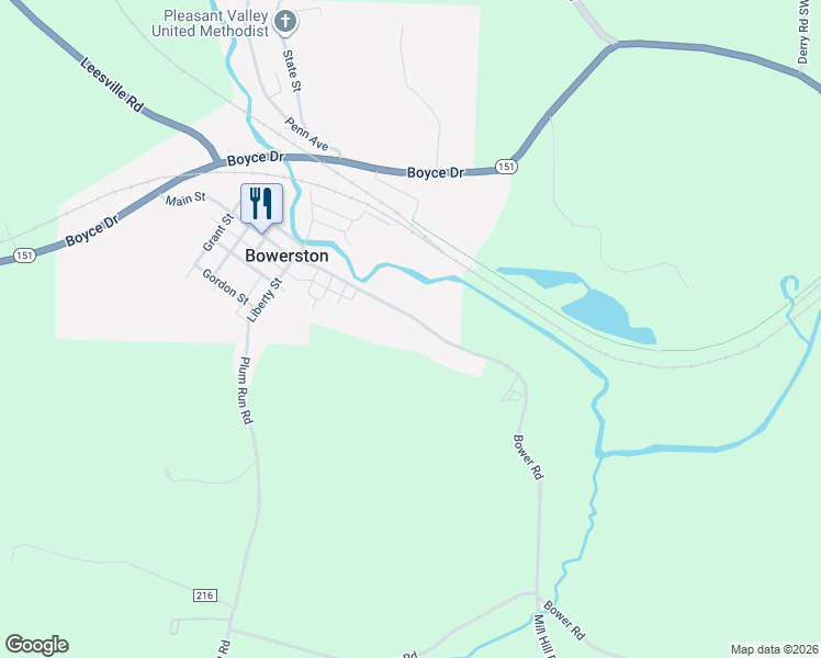 map of restaurants, bars, coffee shops, grocery stores, and more near 600 Main Street in Bowerston