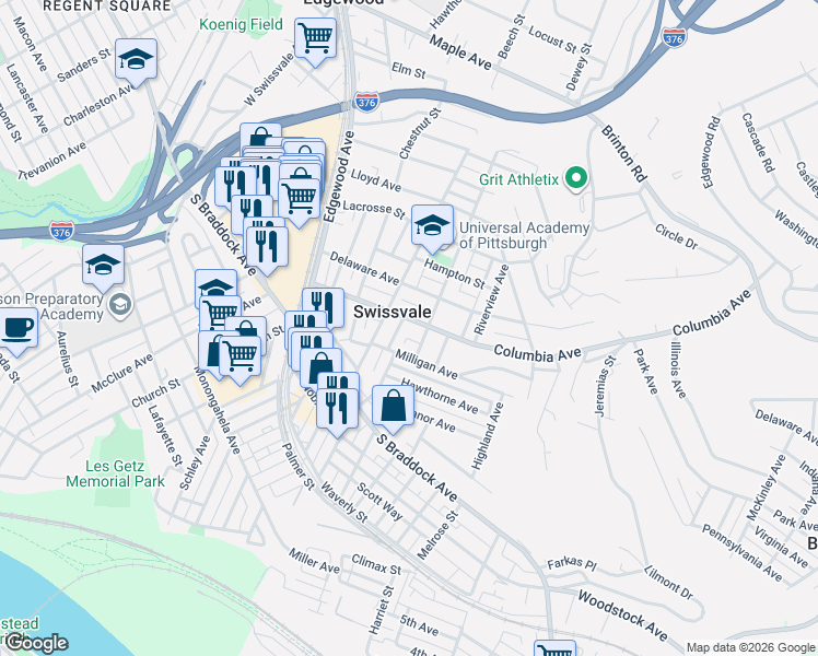 map of restaurants, bars, coffee shops, grocery stores, and more near in Swissvale