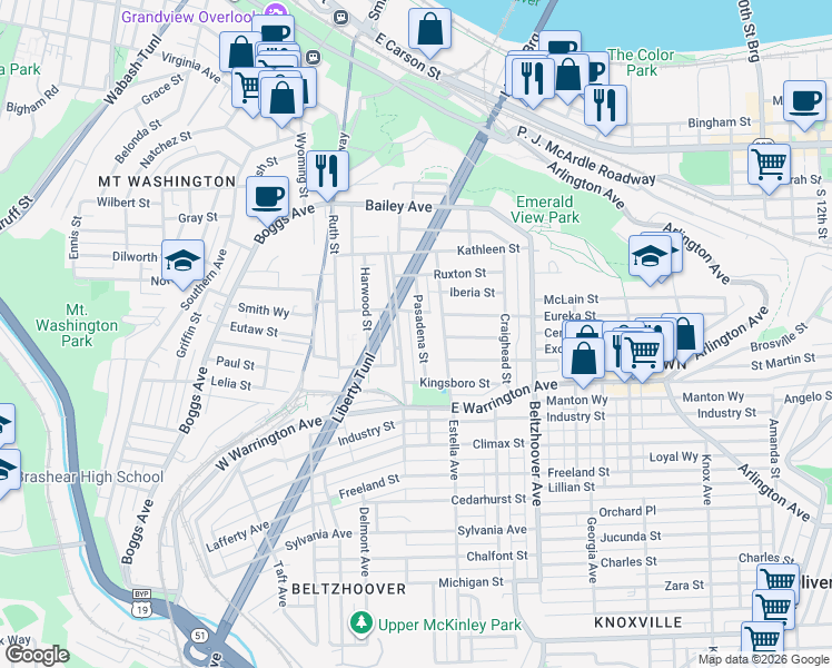 map of restaurants, bars, coffee shops, grocery stores, and more near 72 Pasadena Street in Pittsburgh