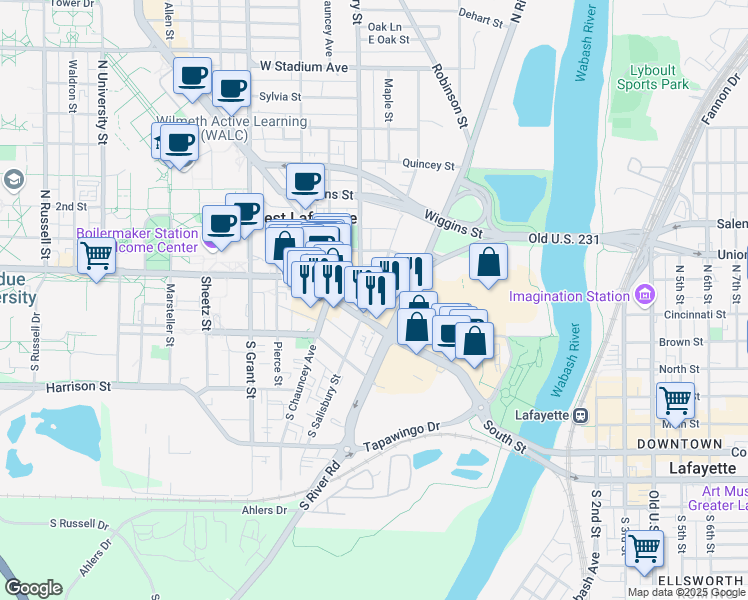 map of restaurants, bars, coffee shops, grocery stores, and more near 20 Littleton Street in West Lafayette