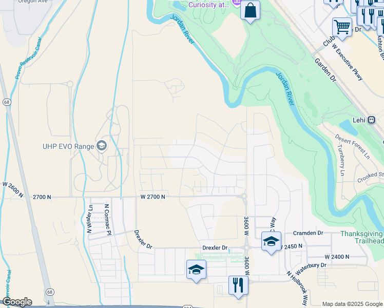 map of restaurants, bars, coffee shops, grocery stores, and more near 3886 West Holbrook Way in Lehi