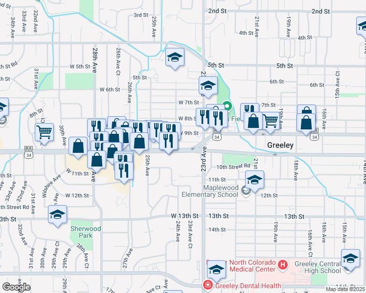 map of restaurants, bars, coffee shops, grocery stores, and more near 908 24th Avenue in Greeley