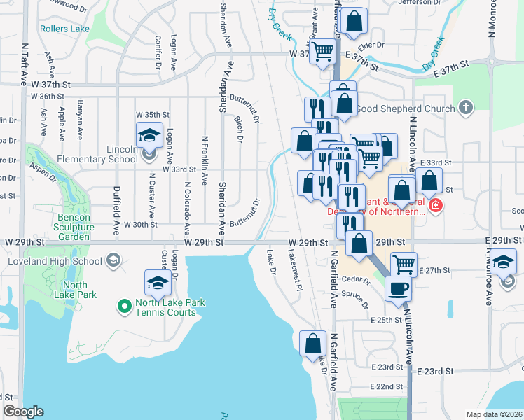 map of restaurants, bars, coffee shops, grocery stores, and more near 3120 Butternut Drive in Loveland