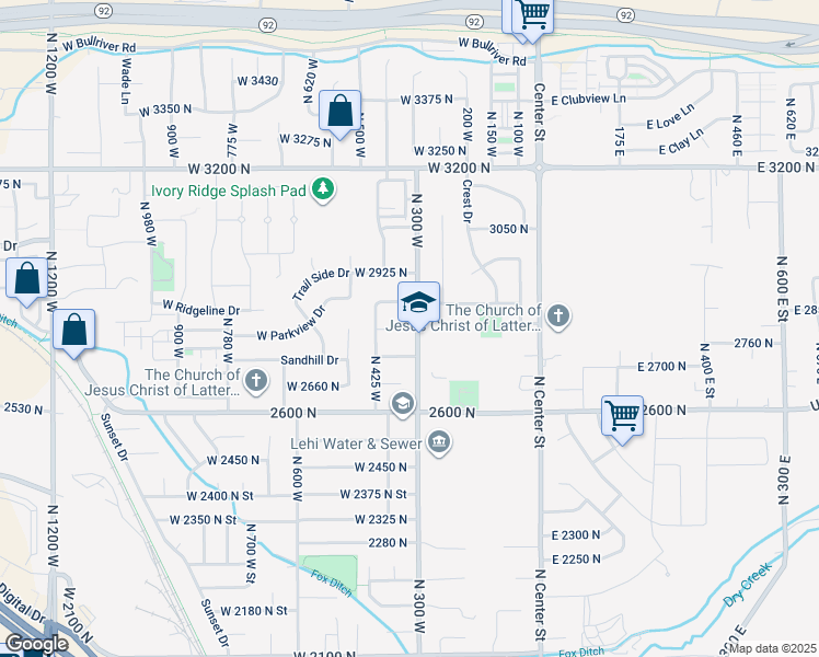 map of restaurants, bars, coffee shops, grocery stores, and more near 346 West 2800 North Street in Lehi
