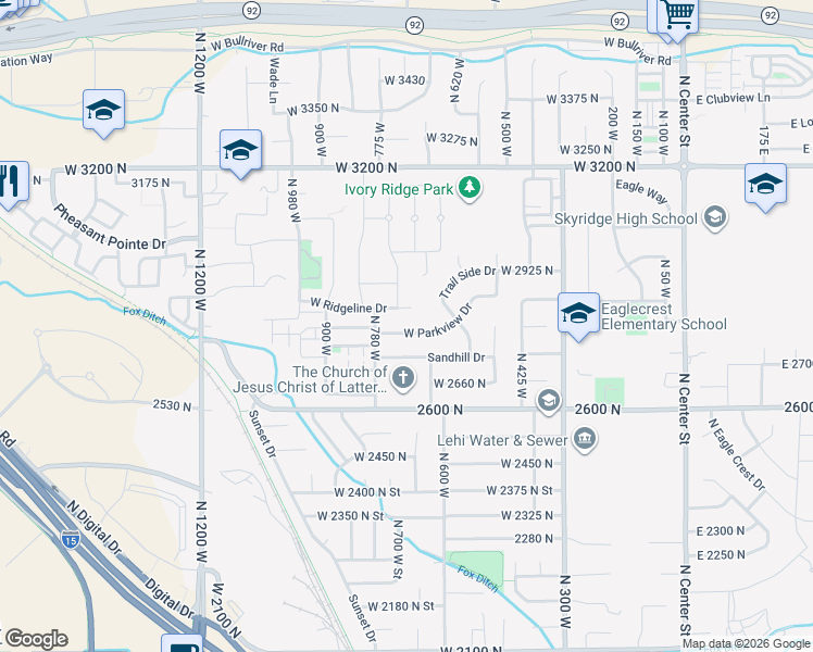 map of restaurants, bars, coffee shops, grocery stores, and more near 707 West Ridgeline Drive in Lehi